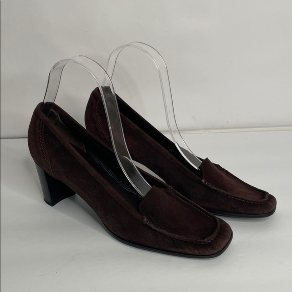 Stuart Weitzman Chocolate Brown Suede Mid Block Heel Loafers